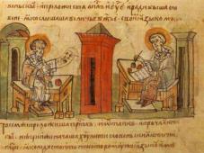 Кирилл и Мефодий создают азбуку. Конец XIII в. Миниатюра из Радзивилловской летописи. 